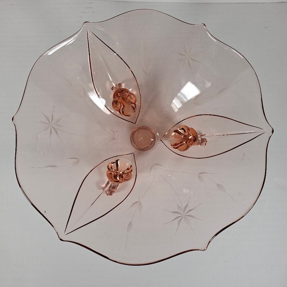 Jubilee Lancaster Pink Depression Large Glass Bowl Vintage Etched Floral Footed